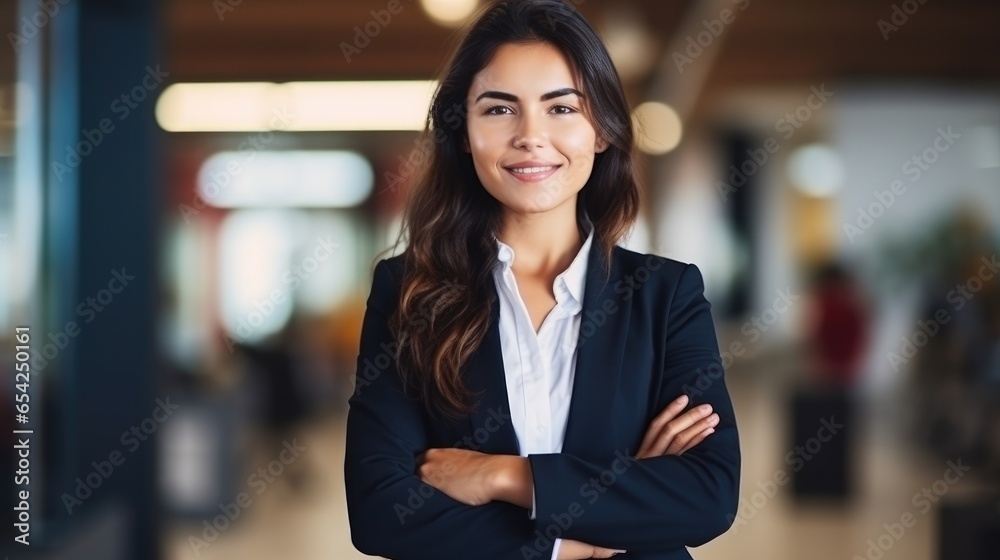 Businesswoman smiling while standing with her arms crossed at work , copy space for text Businesswoman smiling while standing with her arms crossed at work , copy space for text