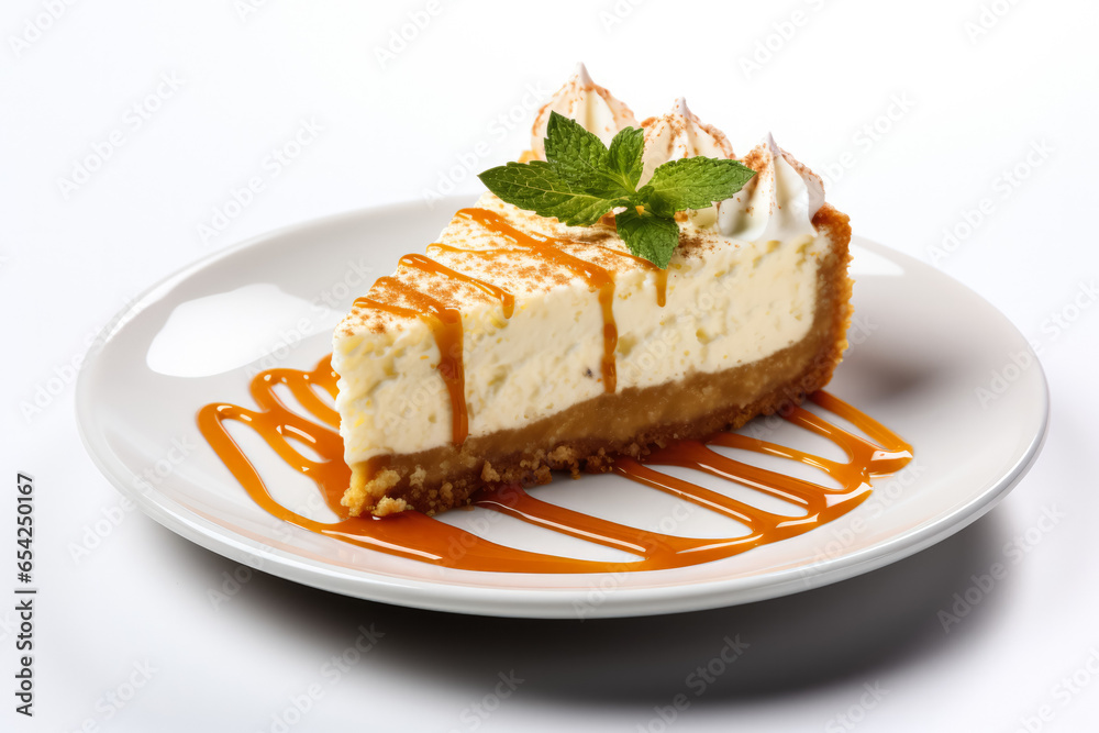 Stylized pumpkin cheesecake slice on a modern plate isolated on a white background Stylized pumpkin cheesecake slice on a modern plate isolated on a white background