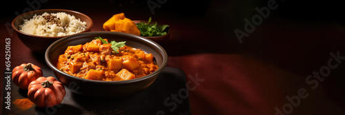 Sumptuous pumpkin curry with Indian accompaniments isolated on a gradient spice-coloured background 