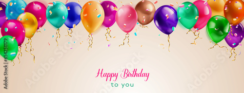 Festive birthday illustration with a colored helium balloons, pieces of serpentine and lettering Happy Birthday to you on beige background