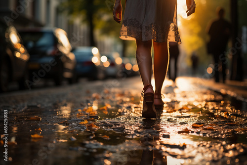 A woman walking in a rain puddle on a rainy day while sunset