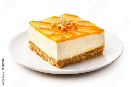 Stylized pumpkin cheesecake slice on a modern plate isolated on a white background 