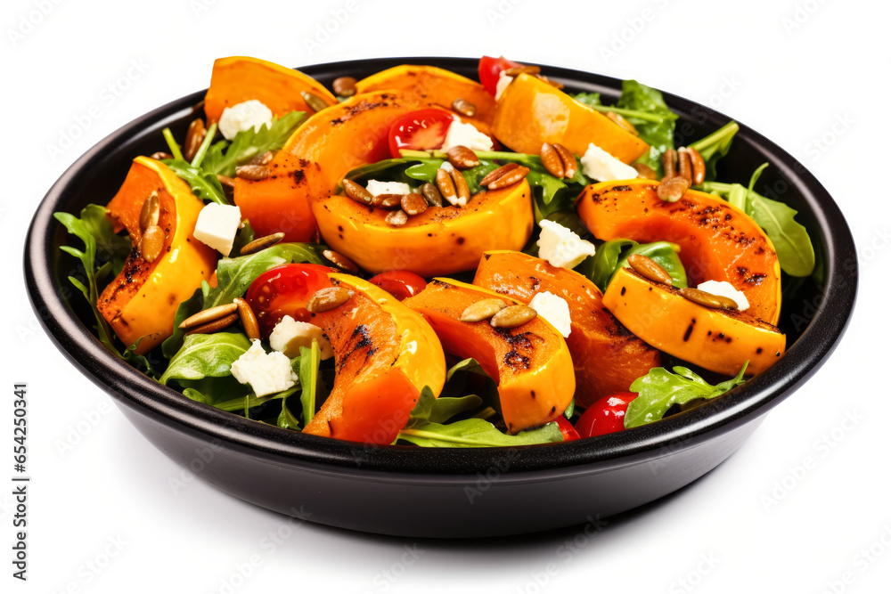 Seasonal roasted pumpkin salad in rustic dish isolated on a white background 