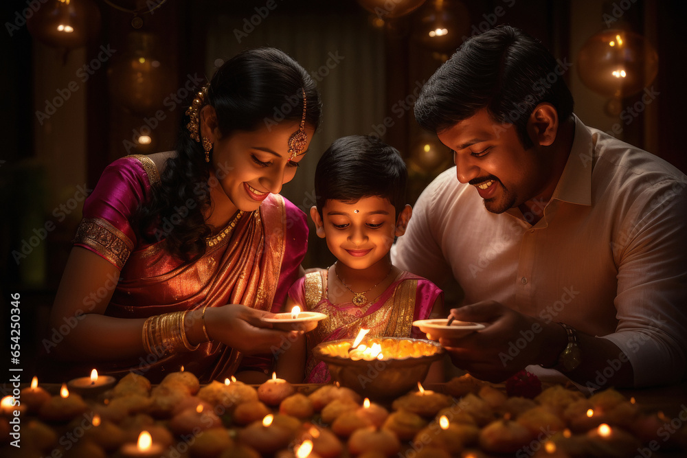 Indian family celebrating diwali festival together at home. - obrazy, fototapety, plakaty 
