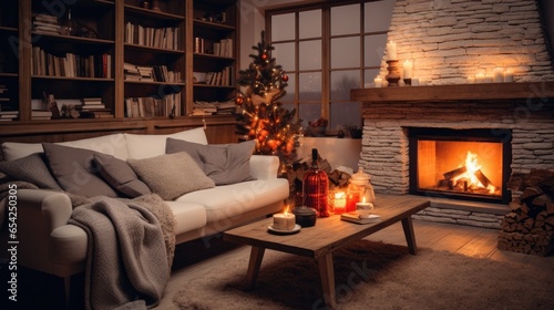 Cozy living room winter interior with fireplace