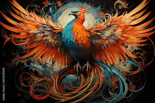 Colorful illustration of Phoenix bird character. Bright postcard
