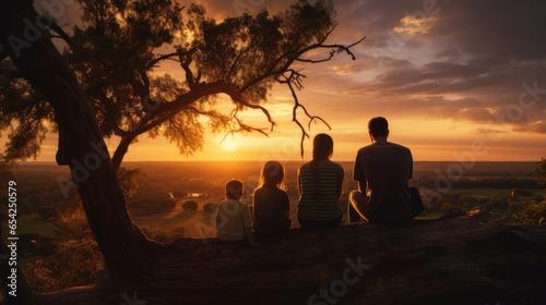 Family is sitting on a tree trunk and looking at the sunset