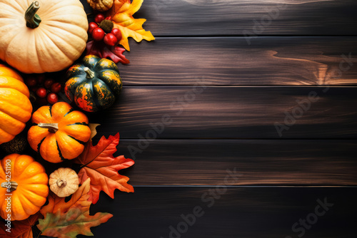 Artful autumn tablescape with stuffed pumpkin dishes background with empty space for text 