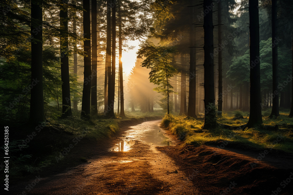 Fototapeta premium Morning in the forest with sun rays shining through the trees, beautiful landscape