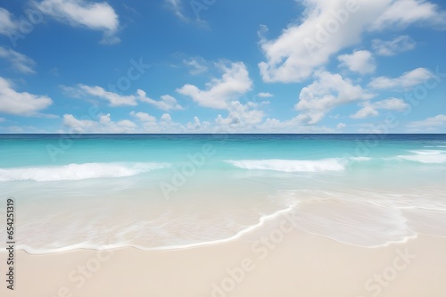 A pristine white sand beach kissed by turquoise waves.