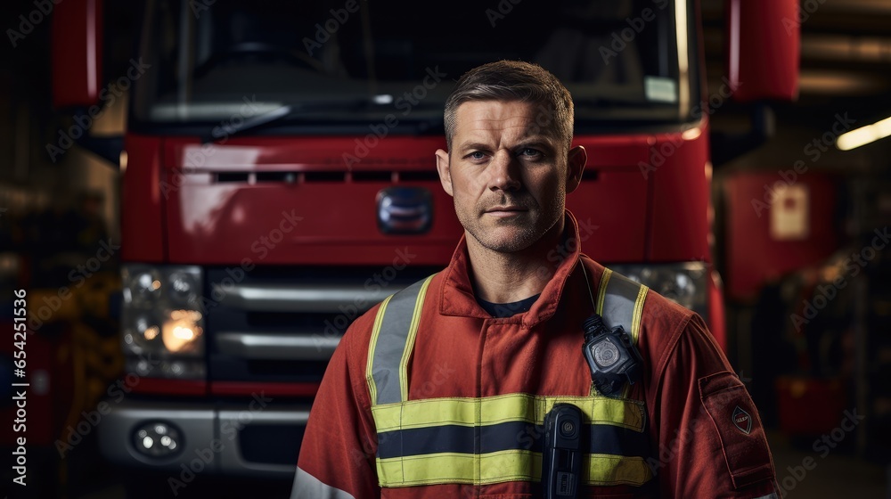 Fireman standing in front of a fire engine Fireman standing in front of a fire engine