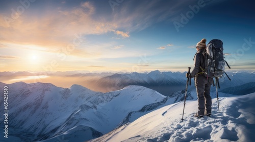 A woman on top of a mountain looking at view. 