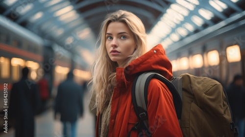 Female traveler at the train station waiting for her train