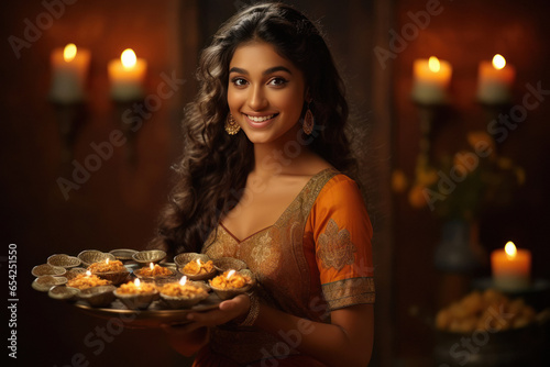 Beautiful indian woman celebrating diwali festival.
