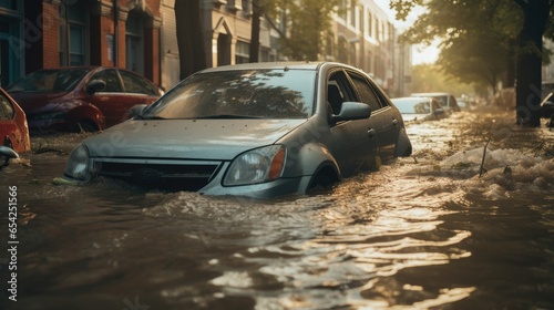 Flooded cars on on city street