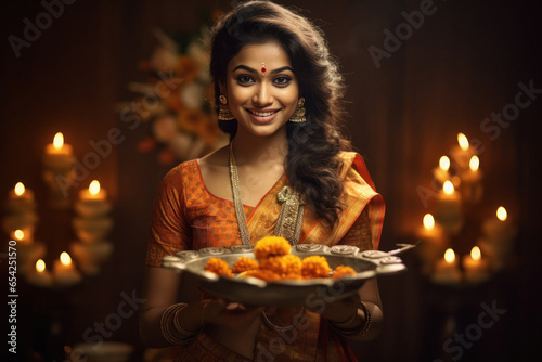Beautiful indian woman celebrating diwali festival.