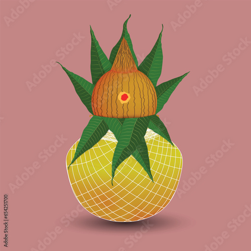 Copper kalash with coconut and mango leaves with white thread decoration. Vector illustration.