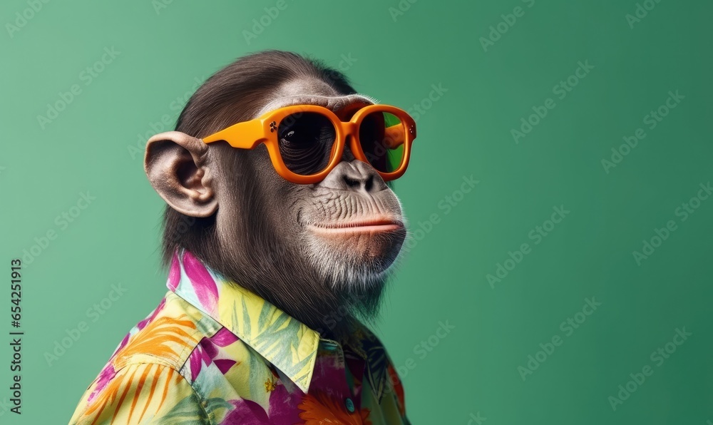 Happy monkey with sunglasses and colorful shirt peek - obrazy, fototapety, plakaty 