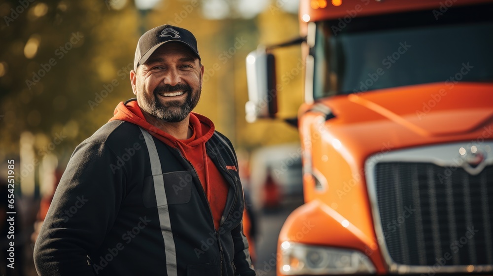 Portrait of professional driver and truck in the background