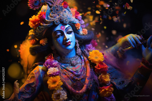 Colorful idol of Lord Krishna decorated with flowers photo