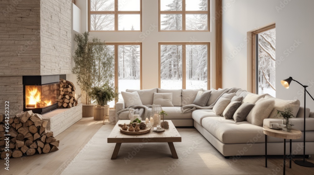 Luxurious Scandinavian light living room in country villa