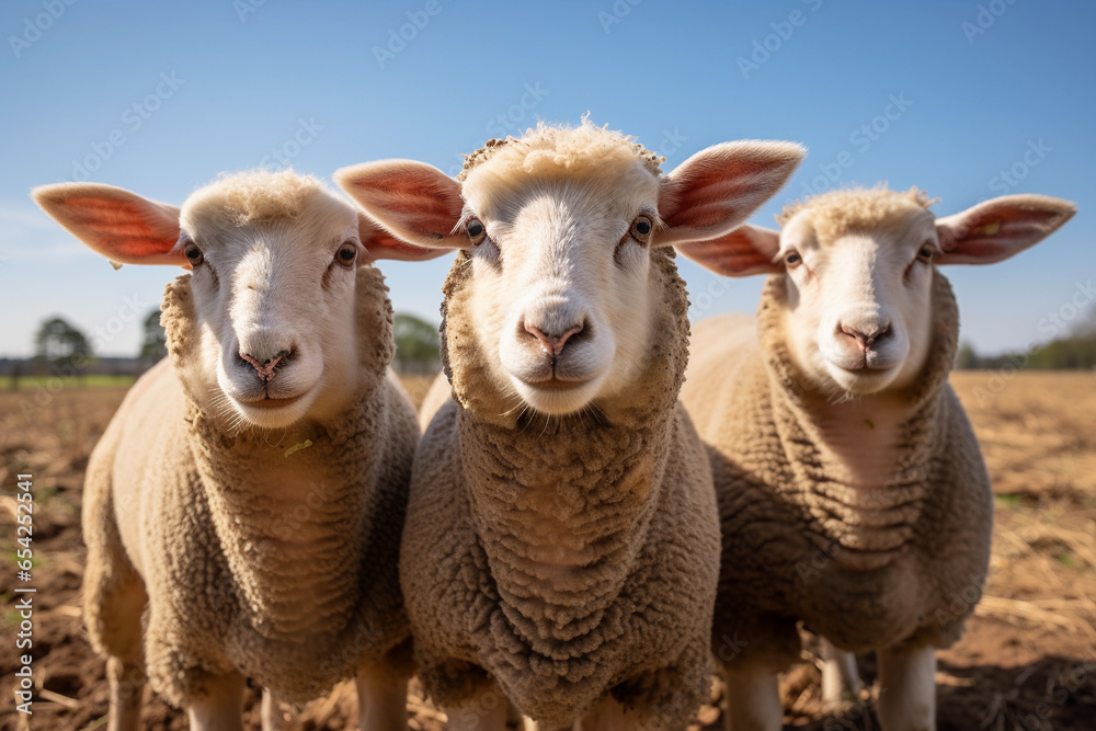 Flock of sheep in a field looking at the camera with a blue sky
