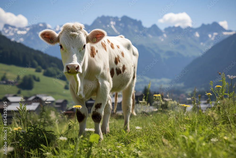 A cow grazing in a meadow in the summer while sunny day