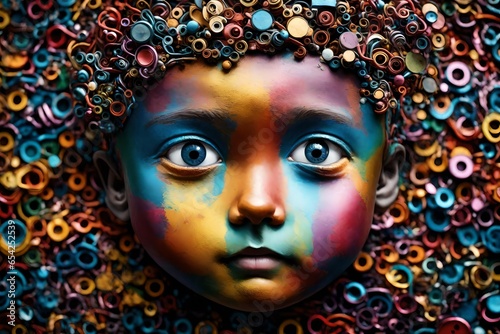 a unique child face made of colorful metal
