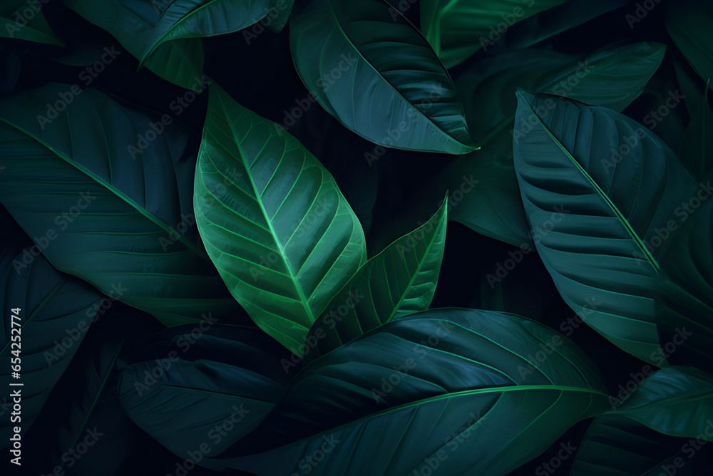Closeup Tropical Dark Green Leaf Background. Flat Lay, Fresh Wallpaper Banner Concept.