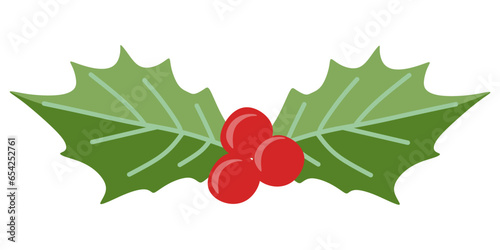 Holly berry and leaves Christmas element. Vector floral illustration isolated on white. Holiday Flat decoration, Design icon. Seasonal Greeting card template.