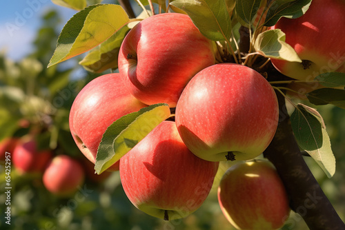 Sunlight falling on fresh red apples in the garden