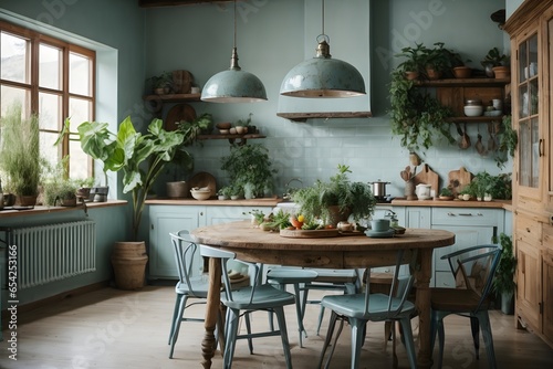 Rustic interior kitchen with rounded dining table with plants around, vintage light blue design. Generative Ai.