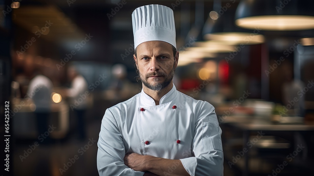 Portrait of chef man in background professional kitchen