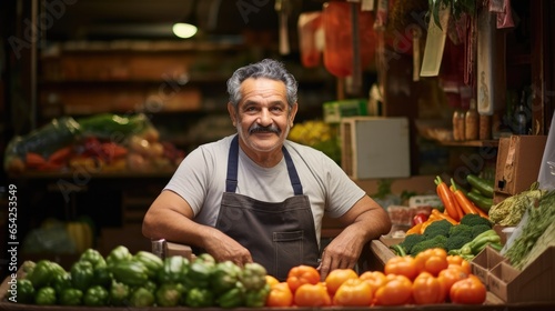 Portrait of american seller man in background vegetable shop