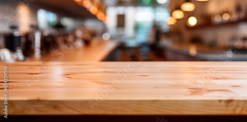 Top of wooden table on blur background with lights of bar, cafe, coffee shop or restaurant and barista . Using for mock up template for display of your design