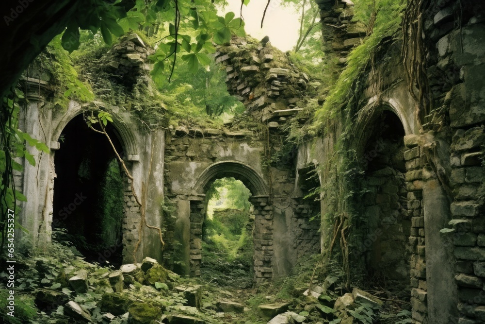 An ancient ruins setting with overgrown vegetation and a sense of mystery and exploration. 