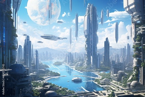 A futuristic cityscape with towering skyscrapers and flying vehicles, portraying a vision of advanced technology. 