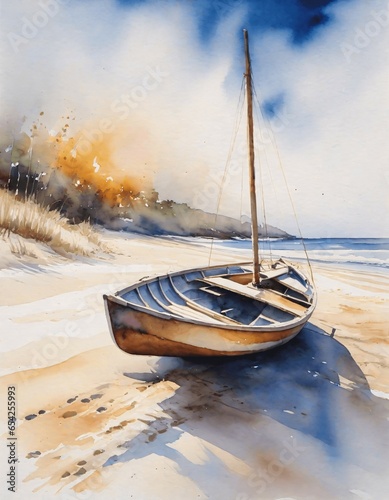 Vibrant Watercolor of Stranded Sailboat, Generative AI