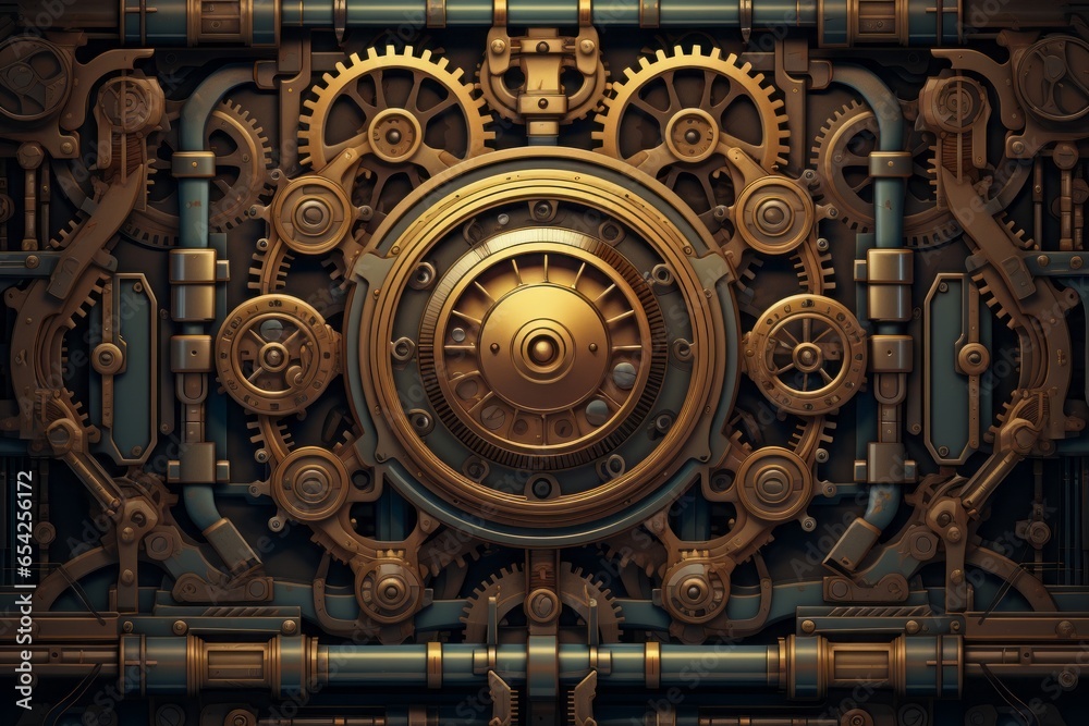 A steampunk-inspired background with gears, cogs, and industrial elements, merging Victorian aesthetics with futuristic machinery. 