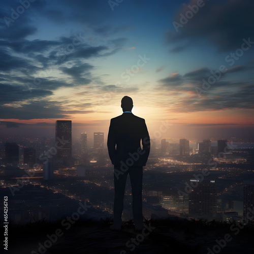 a businessman dressed in a suit on top of a building looking towards the sunset, triumphant