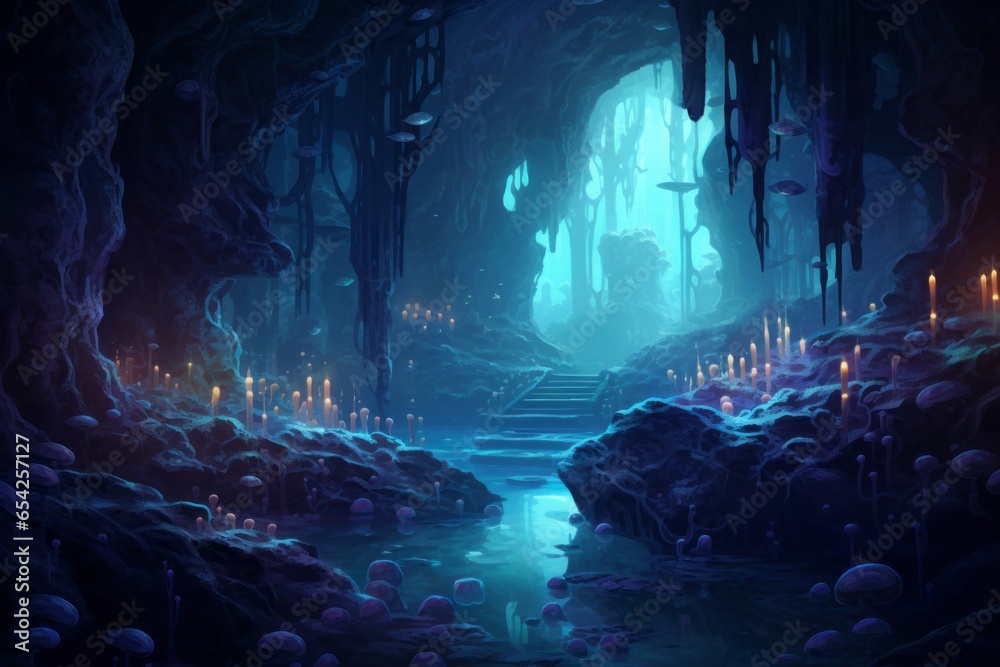 An underwater cave with glowing bioluminescent organisms, creating an otherworldly and mysterious ambiance.