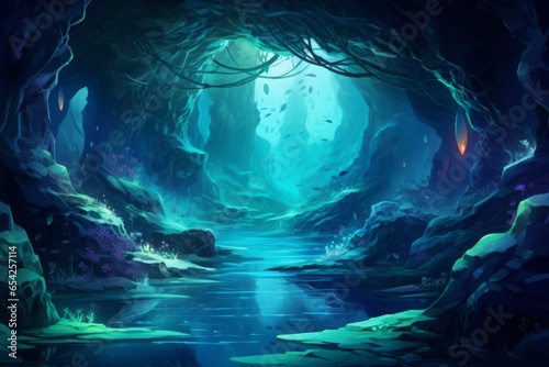 An underwater cave with glowing bioluminescent organisms, creating an otherworldly and mysterious ambiance.