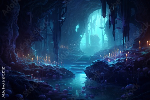 An underwater cave with glowing bioluminescent organisms  creating an otherworldly and mysterious ambiance.