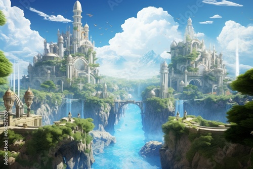 A fantasy realm with floating islands, mythical creatures, and magical elements.