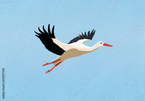 White Stork flying in blue sky
