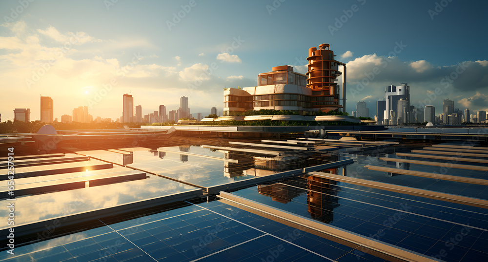 Edificio Estilo Futurista Con Placas Solares Aportando Energia Modelo