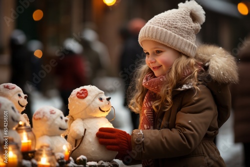 Cute little girl with snowman. Created with AI