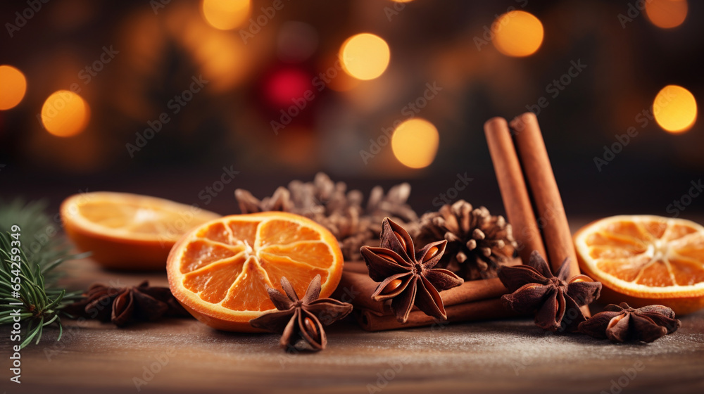 Traditional Christmas spices and dried orange slices on holiday bokeh background with defocus lights. Cinnamon sticks, star anise, pine cones and cloves. AI Generative - obrazy, fototapety, plakaty 
