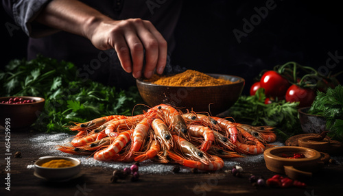 Seafood, Professional cook prepares shrimps with sprig beans. Banner for resturant