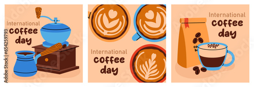 International Coffee Day. Three posters with coffee grinder, turkish latte and espresso on light background.	